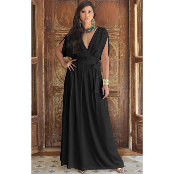 Plus Size Black V-Neck Maxi Dress Stylish Elegant Formal Evening - Picture 4 of 5